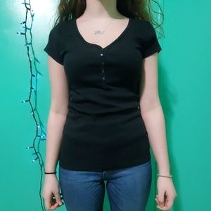 Black |Short Sleeve |V - Neck w buttons